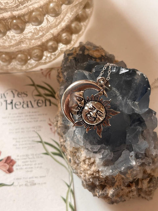 Sun Moon Big Silver Necklace Statement Jewelry  