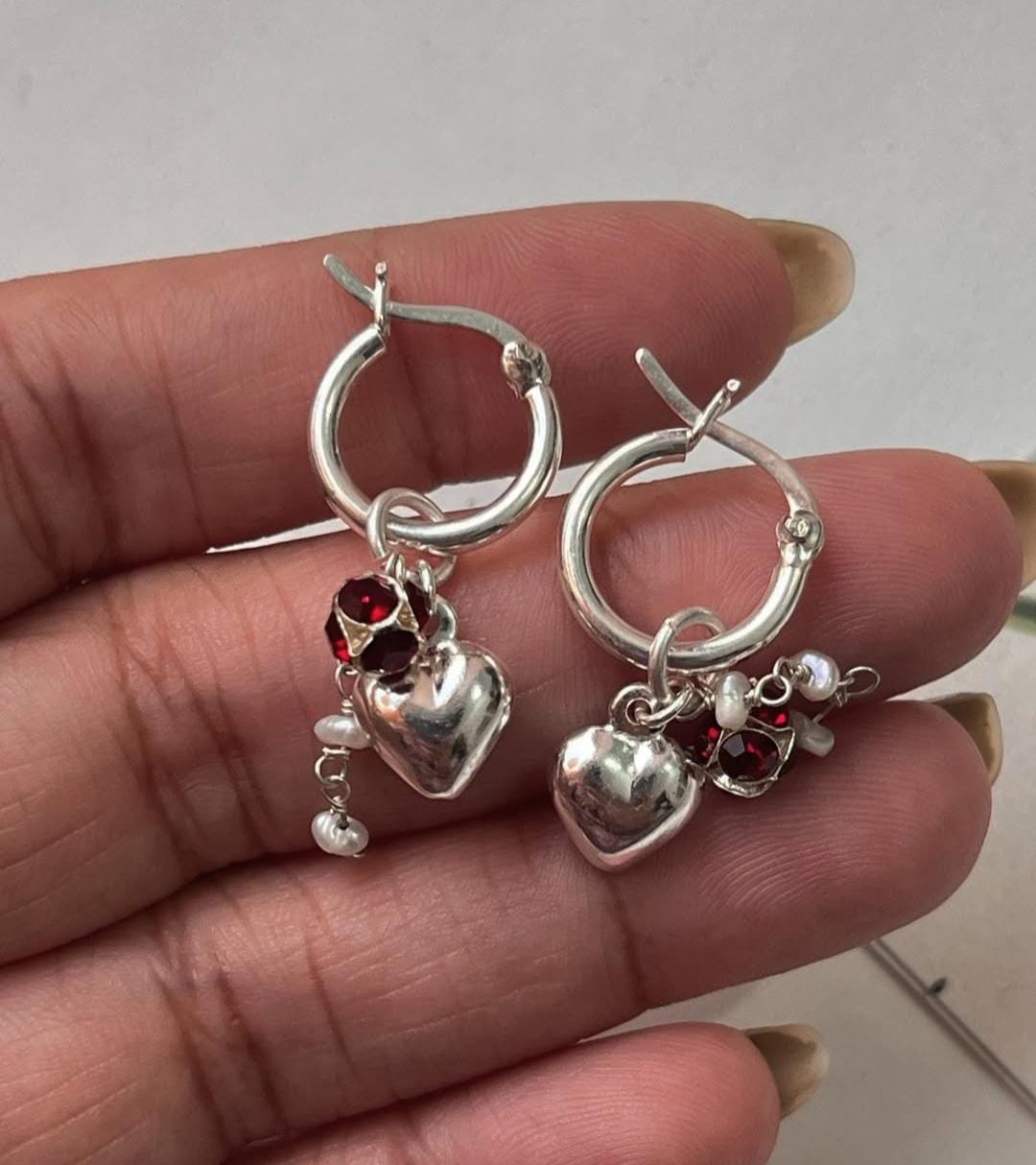 Heart, Red CZ, Pearl Removal Charms 925 Sterling Silver Italian Hoops