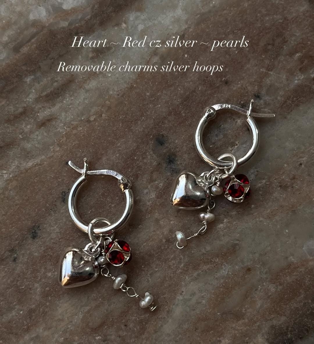 Heart, Red CZ, Pearl Removal Charms 925 Sterling Silver Italian Hoops