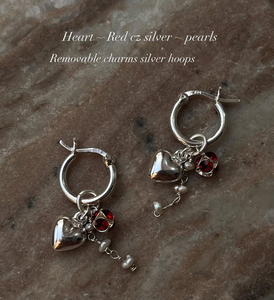Heart, Red CZ, Pearl Removal Charms 925 Sterling Silver Italian Hoops
