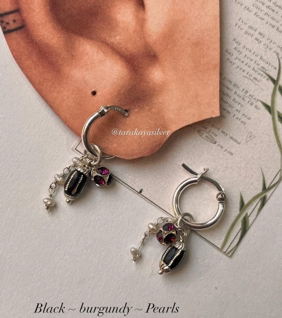 Black, Burgundy Pearl Removal Charms 925 Sterling Silver Italian Hoops