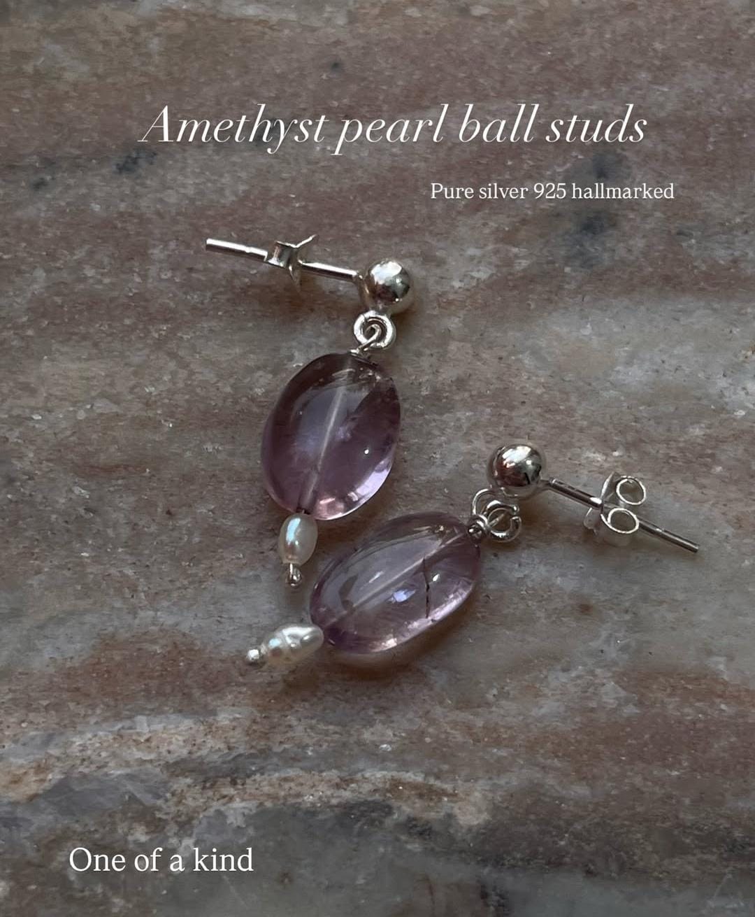 Amethyst Tumble Pearl Ball 925 Sterling Silver Studs