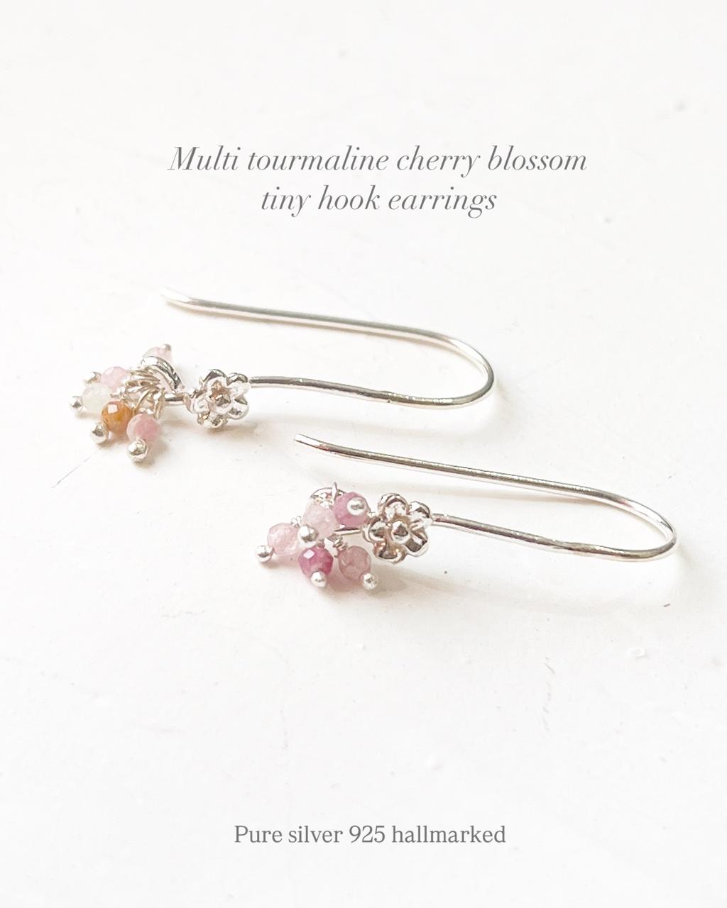 Multi Tourmaline Cherry Blossom Tiny Hook 925 Sterling Silver Earrings