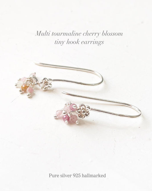 Multi Tourmaline Cherry Blossom Tiny Hook 925 Sterling Silver Earrings