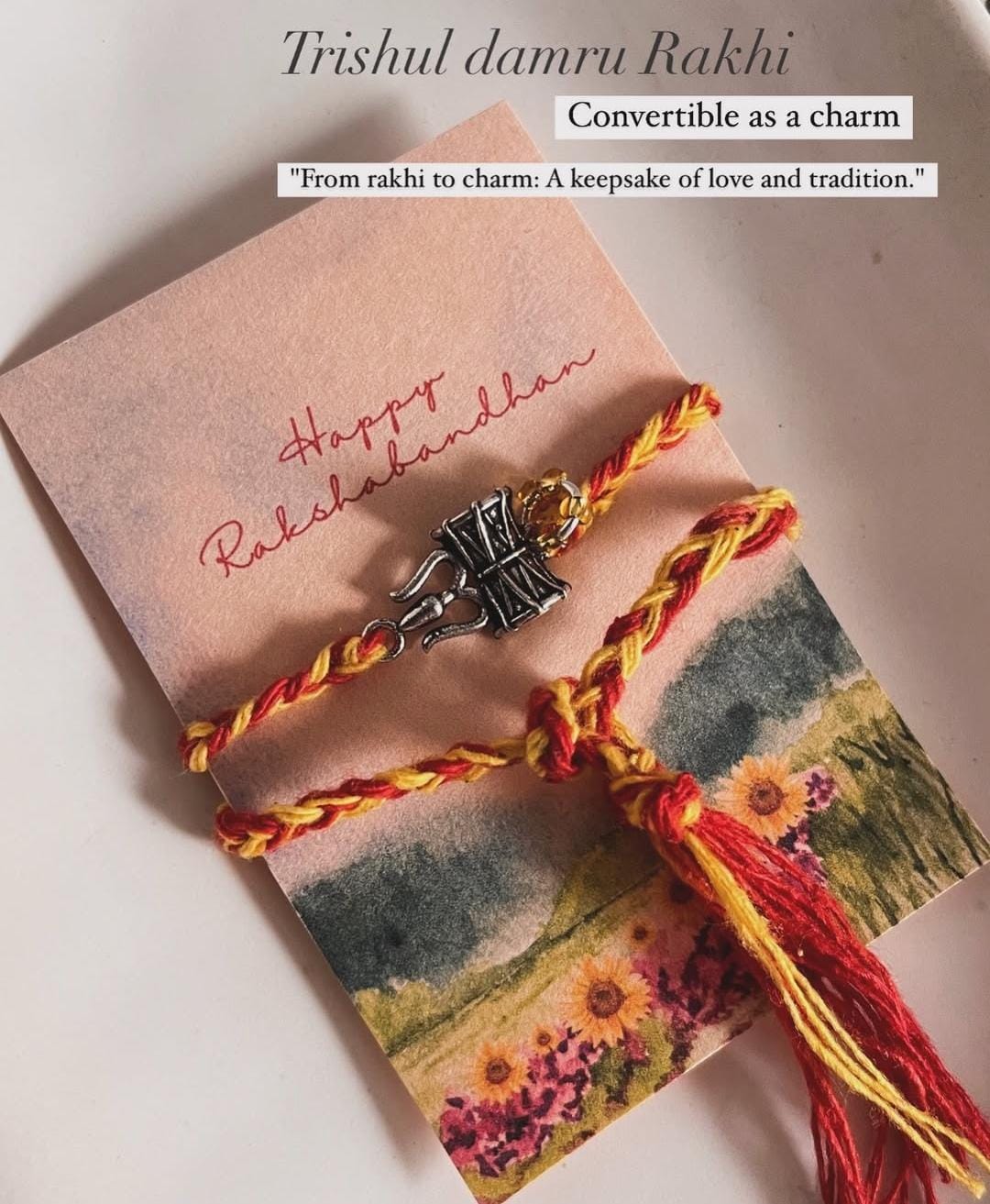 Religious 925 Silver Rakhi with Trishul and Damru Motif 