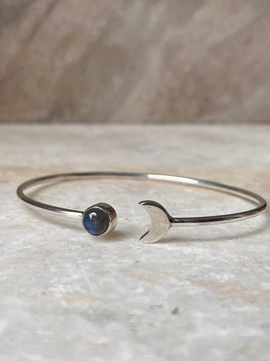 Labradorite Crescent Moon Adjustable 925 Sterling Silver Kada