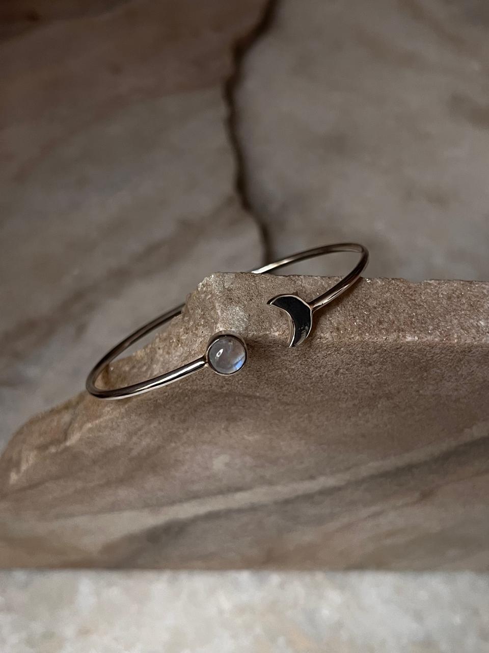 Moonstone Crescent Moon Adjustable 925 Sterling Silver Kada