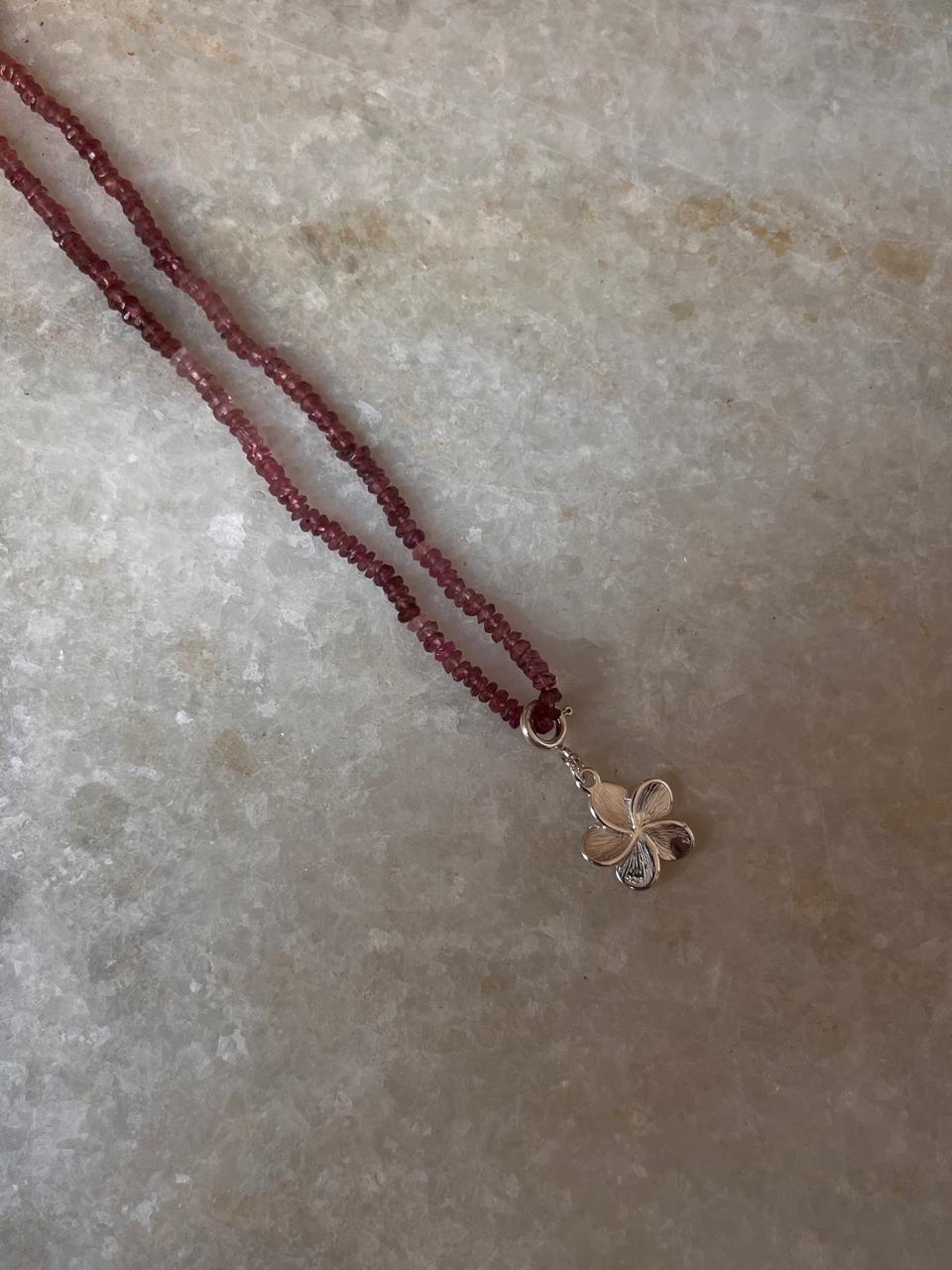 Pink Tourmaline 3-4mm Natural Crystal With Plumeria/ Frangipani Charm 925 Sterling Silver Choker Necklace