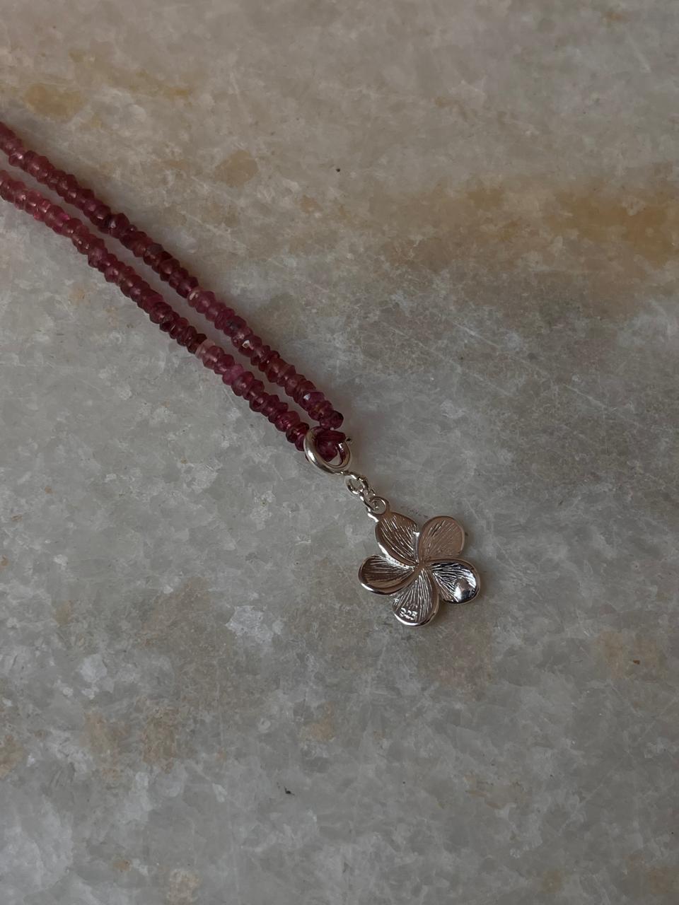 Pink Tourmaline 3-4mm Natural Crystal With Plumeria/ Frangipani Charm 925 Sterling Silver Choker Necklace