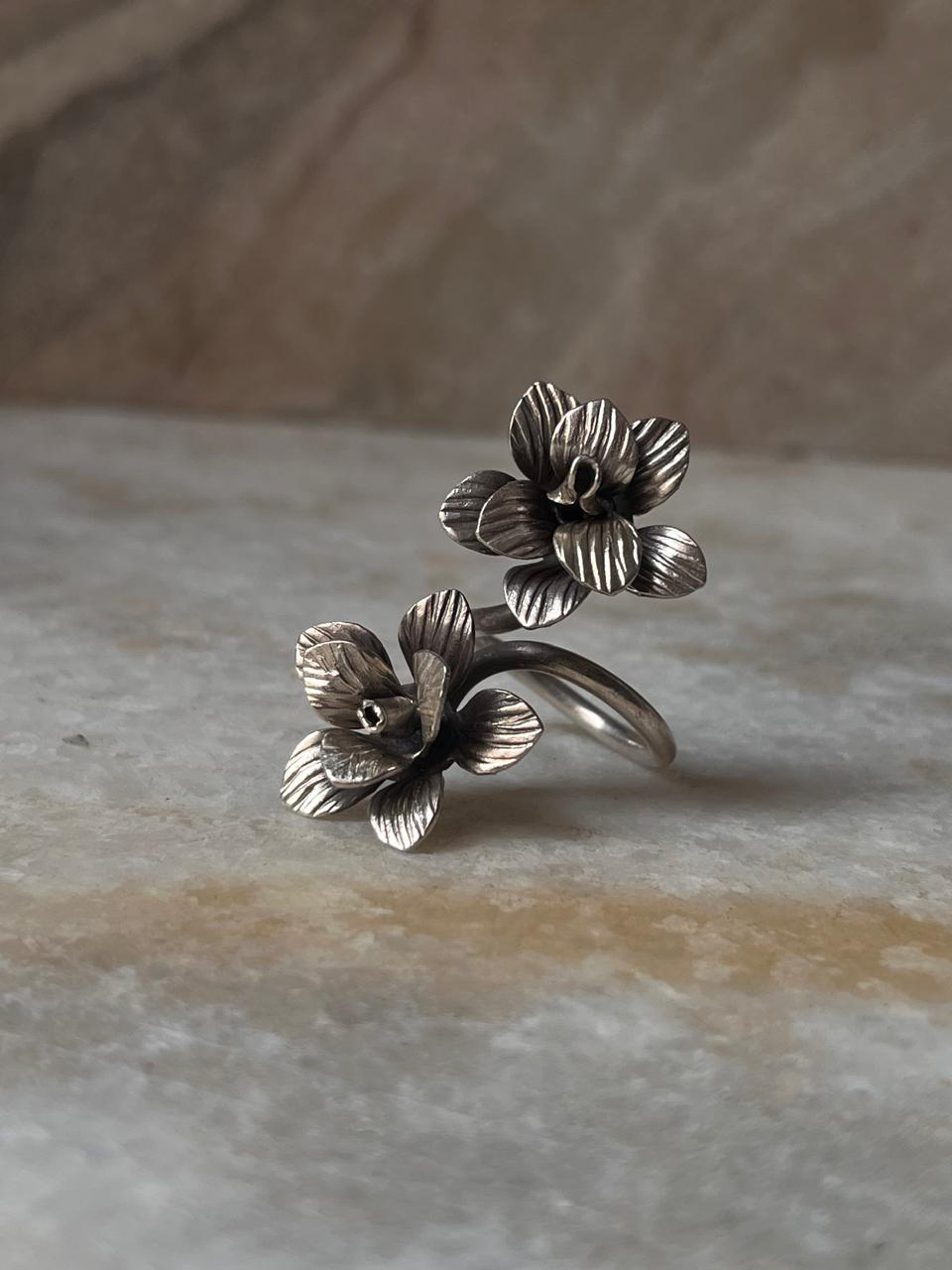 Antique Bohemian Handcrafted Double Roses Adjustable 925 Sterling Silver Ring