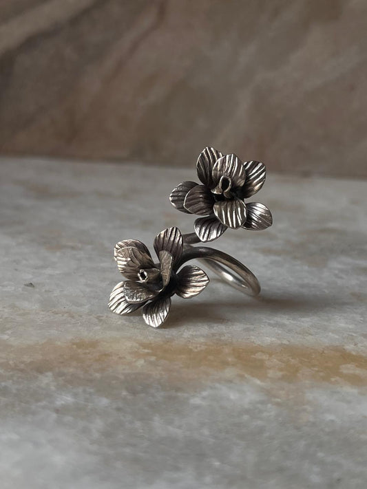 925 Sterling Silver Antique Bohemian Handcrafted Double Roses Adjustable Ring