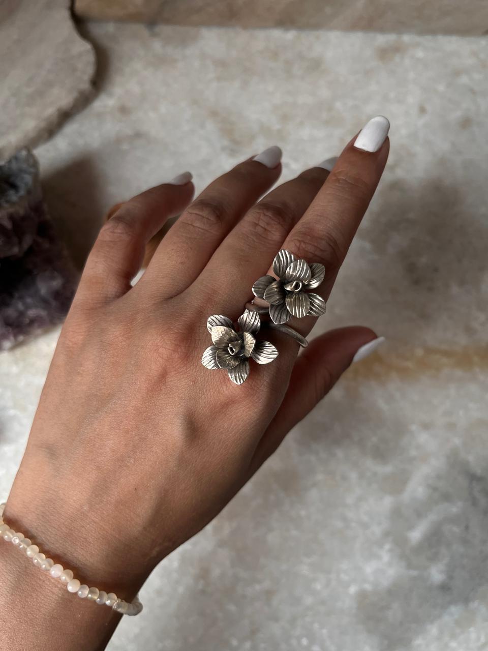 Antique Bohemian Handcrafted Double Roses Adjustable 925 Sterling Silver Ring