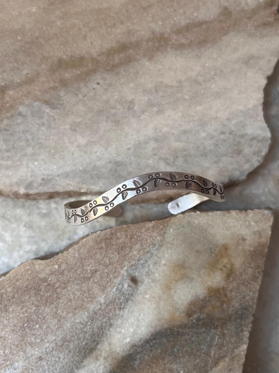 Bohemian Handcrafted Etched Leaf & Vine Pattern Adjustable 925 Sterling Silver Kada/ Cuff