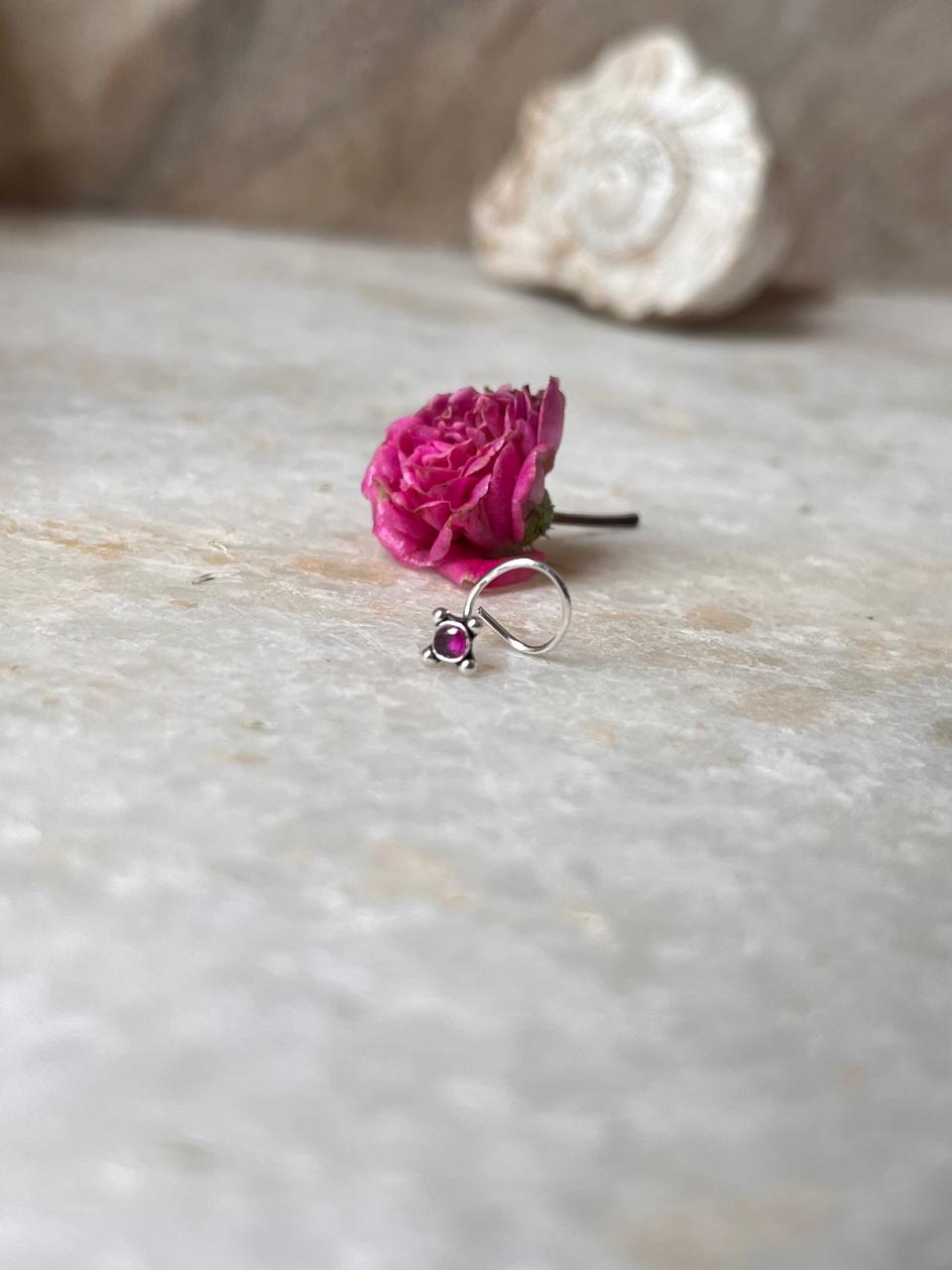 Tribal Rawa Pink Cz Stone Wired Back 925 Sterling Silver Nose pin