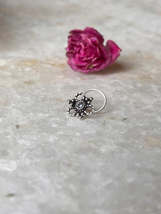 Tribal Rawa White CZ Stone Wired Back 925 Sterling Silver Nose Pin   