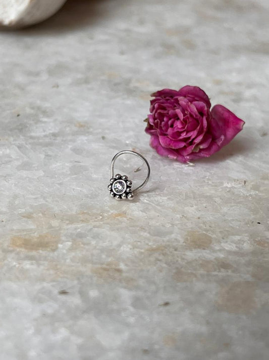 Tribal Rawa White CZ Stone Wired Back 925 Sterling Silver Nose Pin  