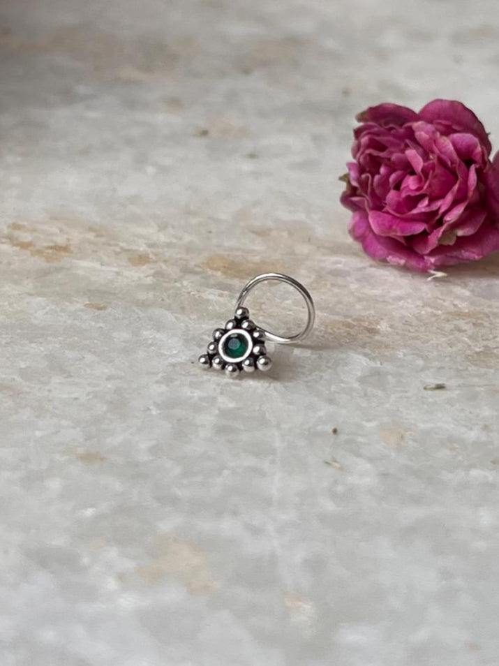 Tribal Rawa Green Cz Stone Wired Back 925 Sterling Silver Nose pin
