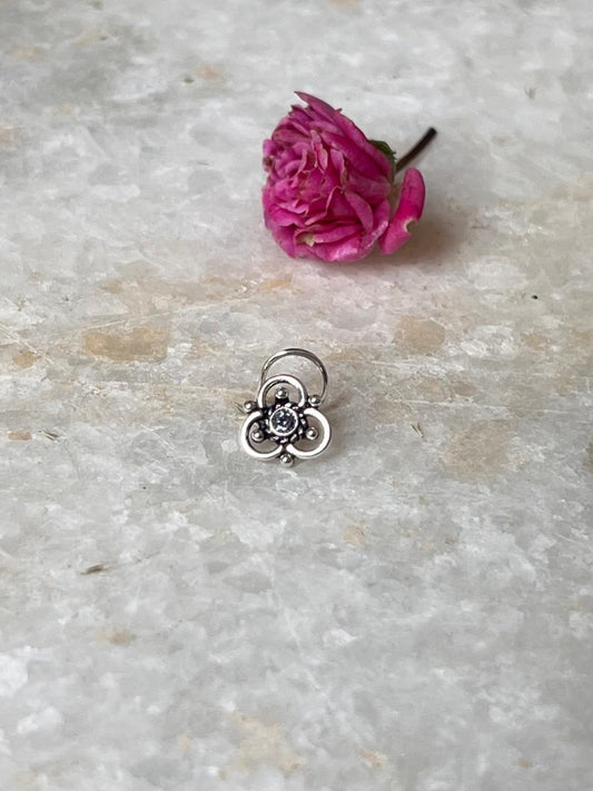 Tribal Rawa White CZ Stone Wired Back 925 Sterling Silver Nose Pin  