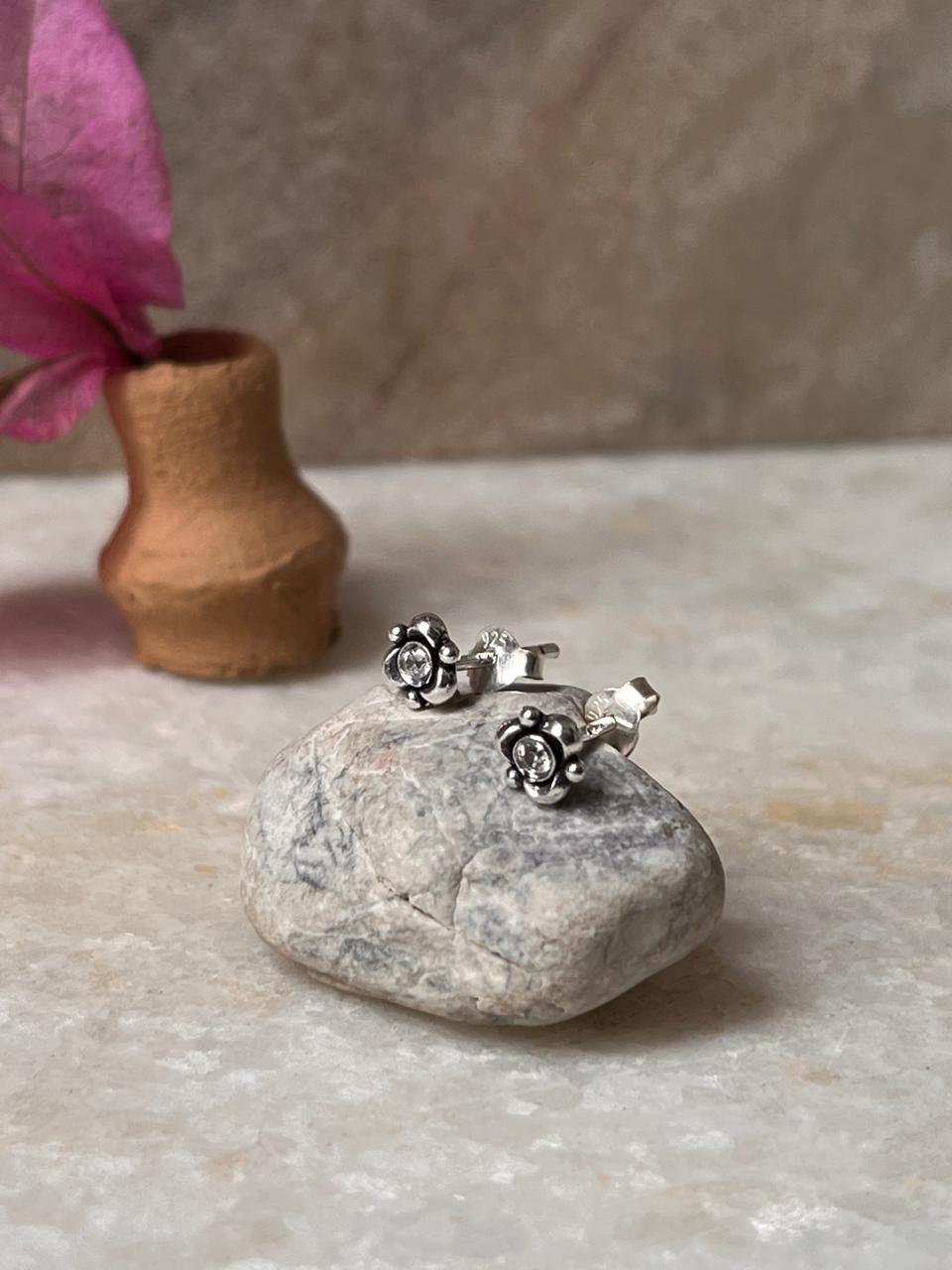 Flower White Cz Stone Studs 925 Sterling Silver Earrings