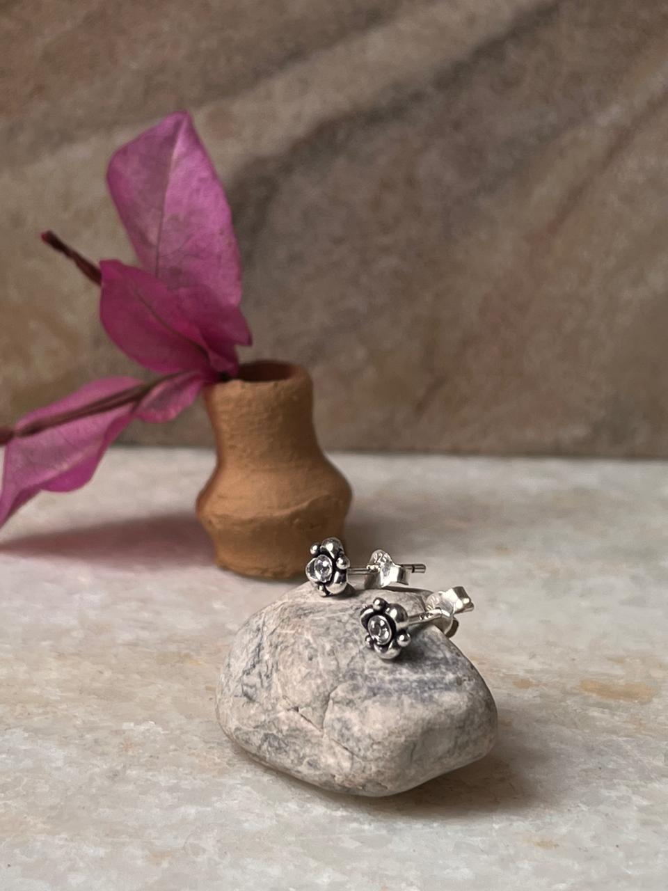 Flower White Cz Stone Studs 925 Sterling Silver Earrings