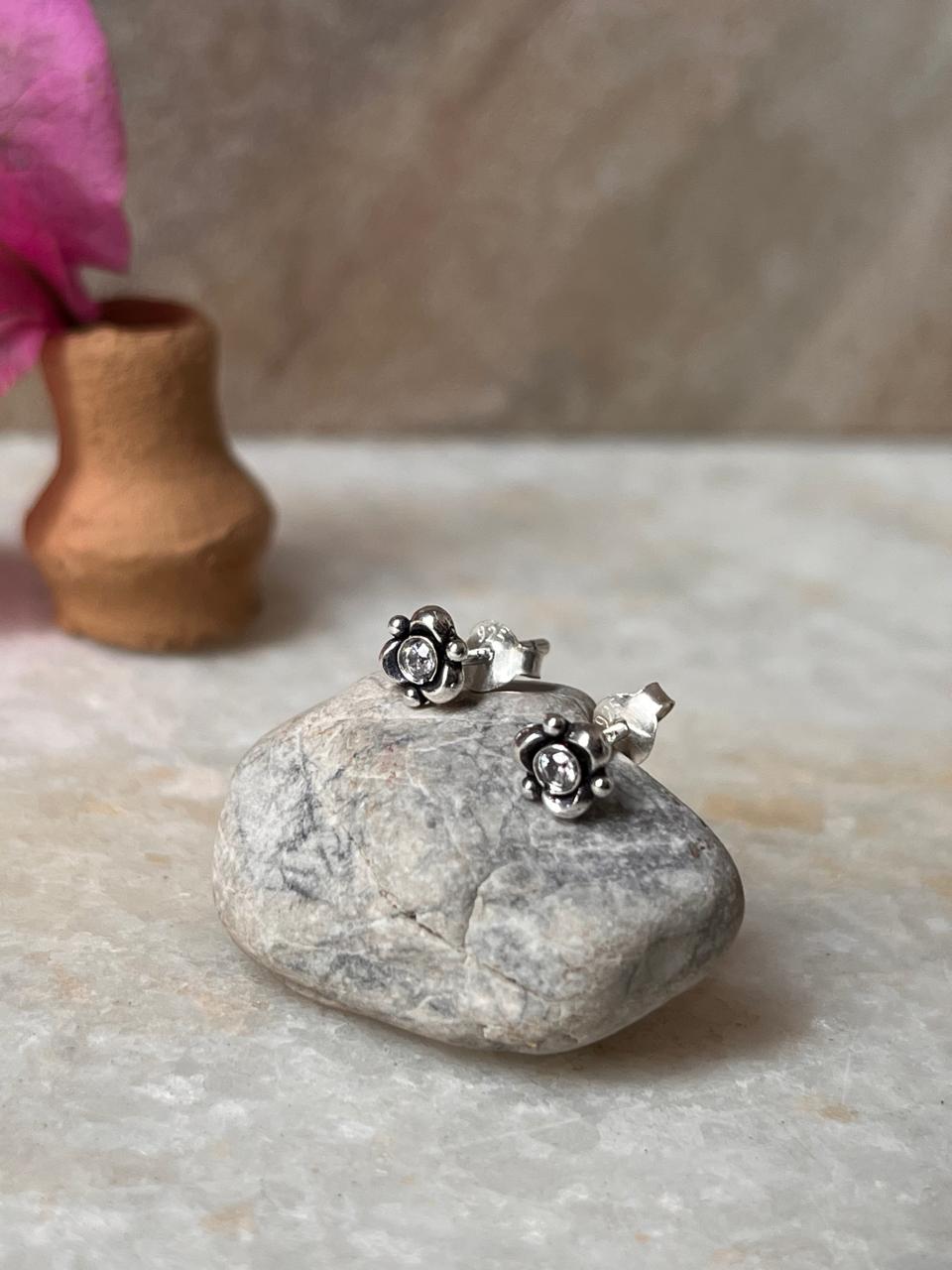 Flower White Cz Stone Studs 925 Sterling Silver Earrings