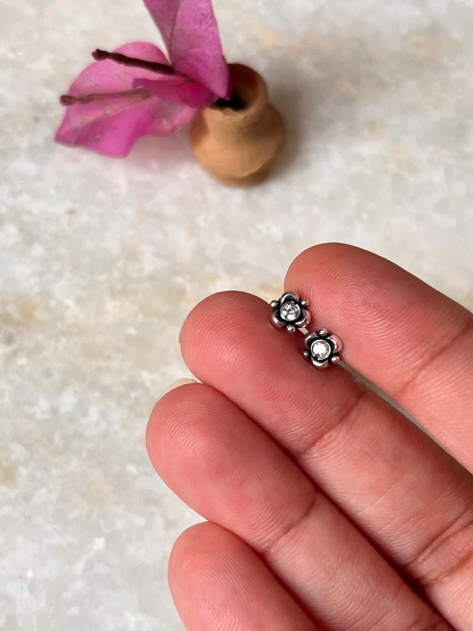 Flower White Cz Stone Studs 925 Sterling Silver Earrings