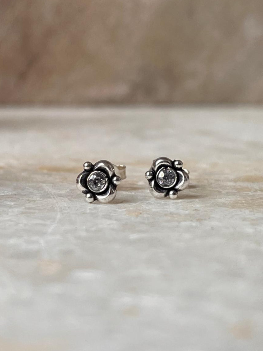 Flower White Cz Stone Studs 925 Sterling Silver Earrings