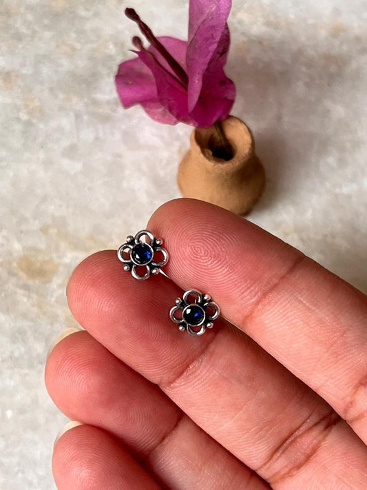 Flower Blue CZ Stone Studs 925 Sterling Silver Earrings  
