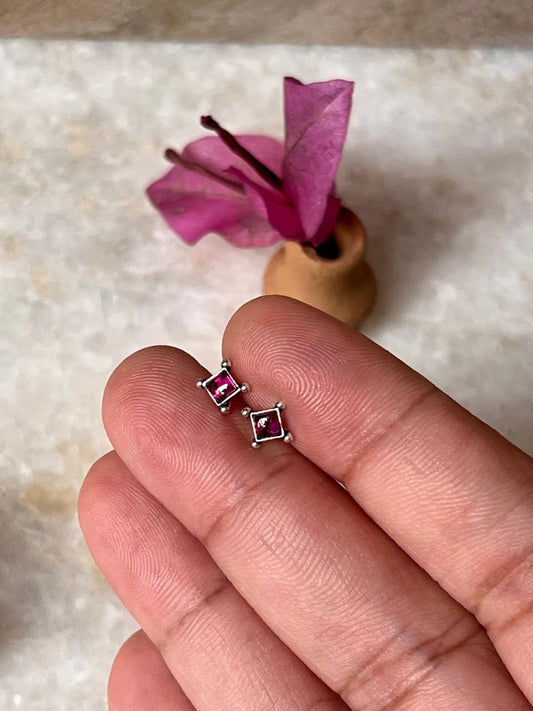 Square Pink CZ Stone Studs 925 Sterling Silver Earrings 