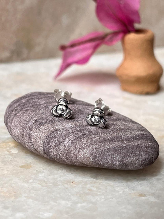 Flower White CZ Stone Studs 925 Sterling Silver Earrings  