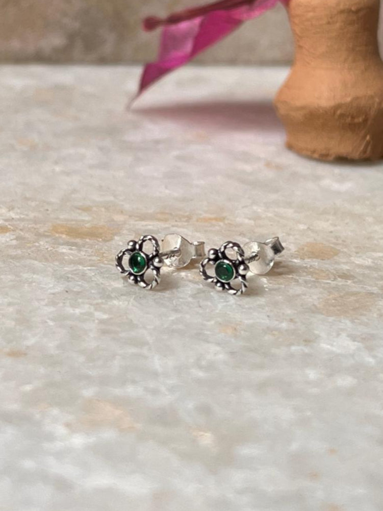 Flower Green Cz Stone Studs 925 Sterling Silver Earrings