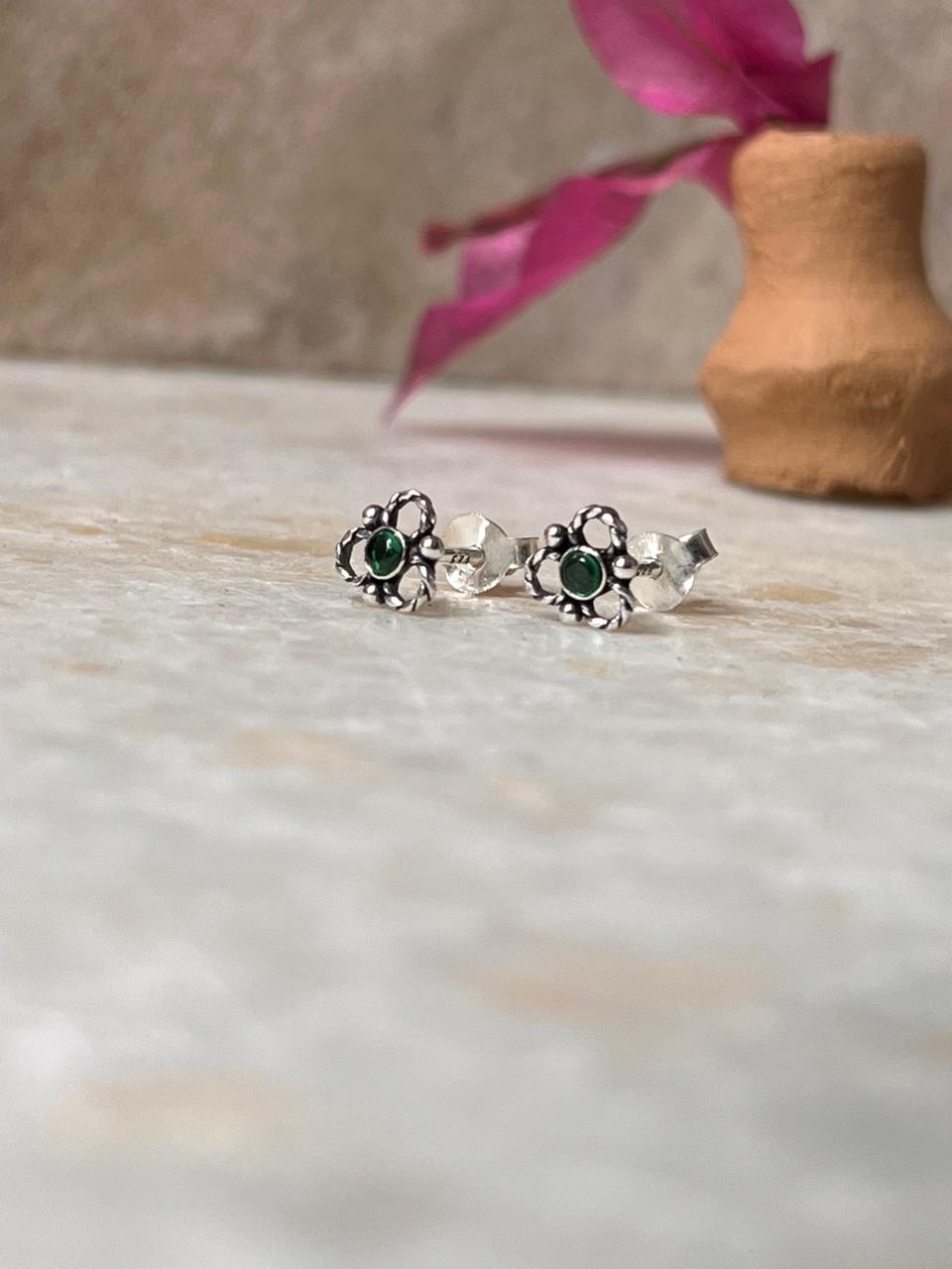 Flower Green Cz Stone Studs 925 Sterling Silver Earrings