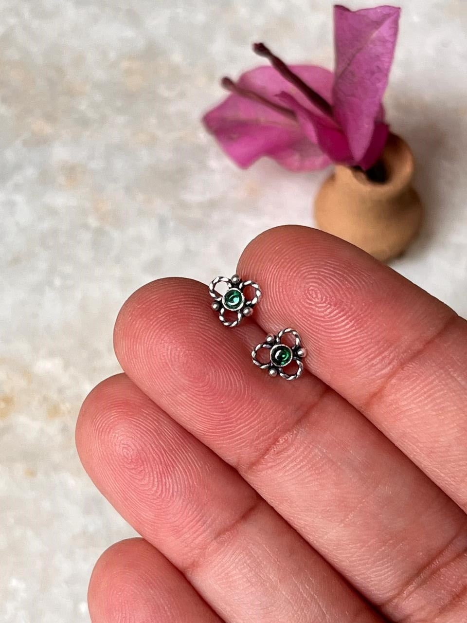 Flower Green Cz Stone Studs 925 Sterling Silver Earrings