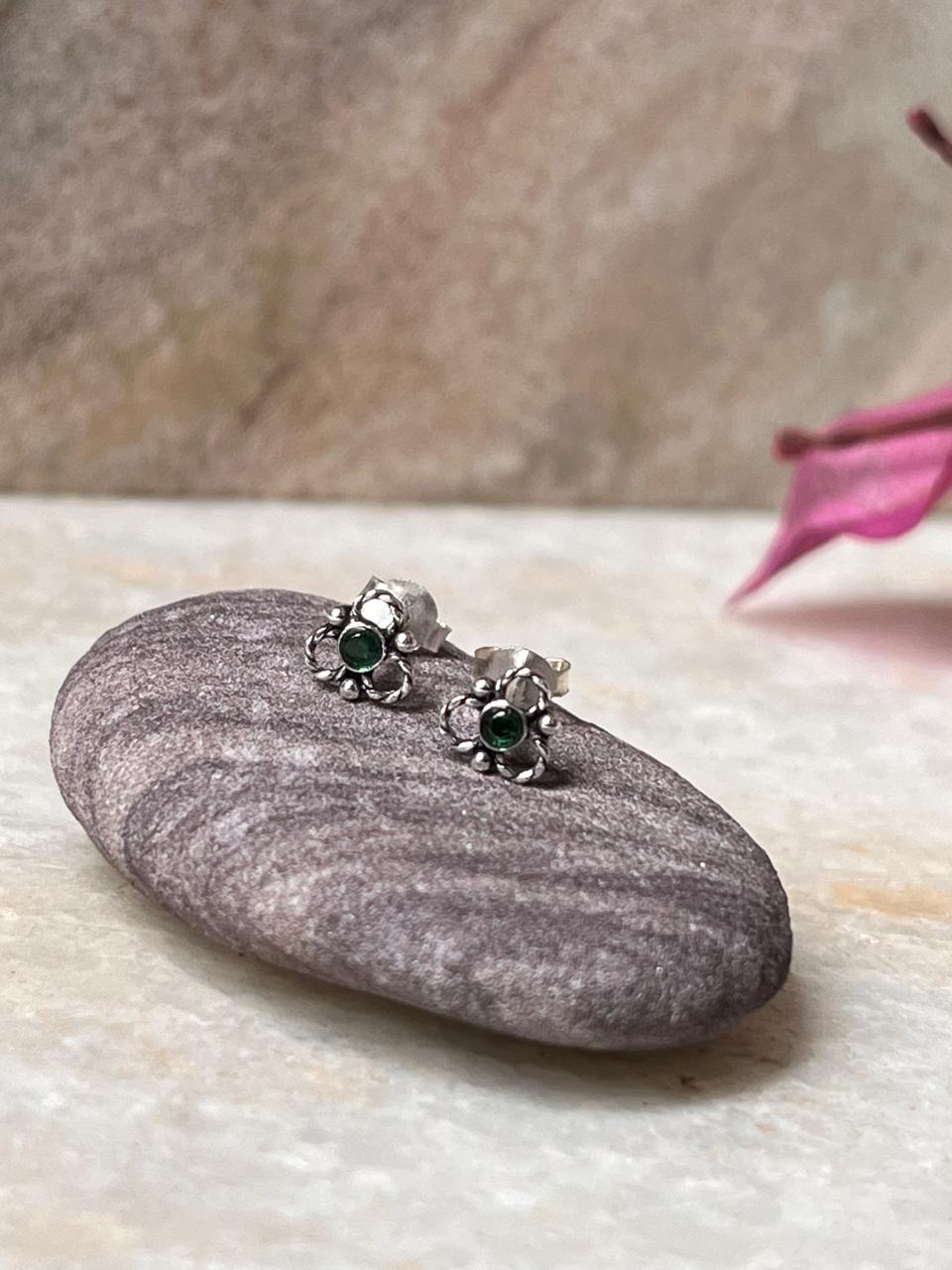 Flower Green Cz Stone Studs 925 Sterling Silver Earrings