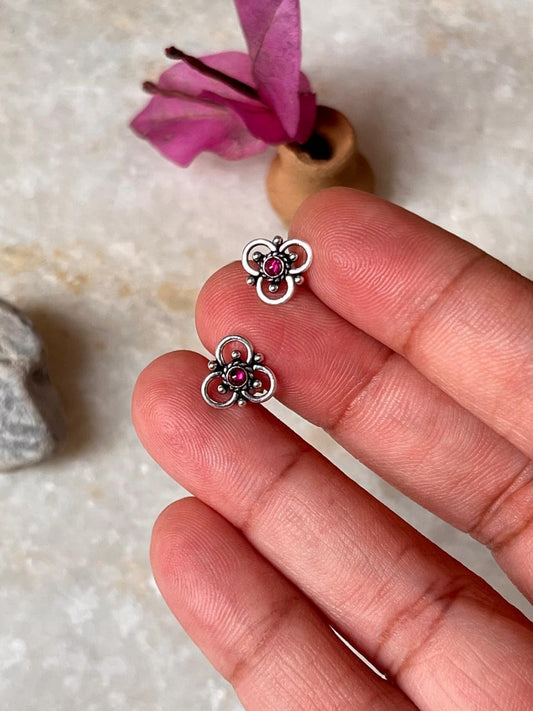 Flower Pink CZ Stone Studs 925 Sterling Silver Earrings  