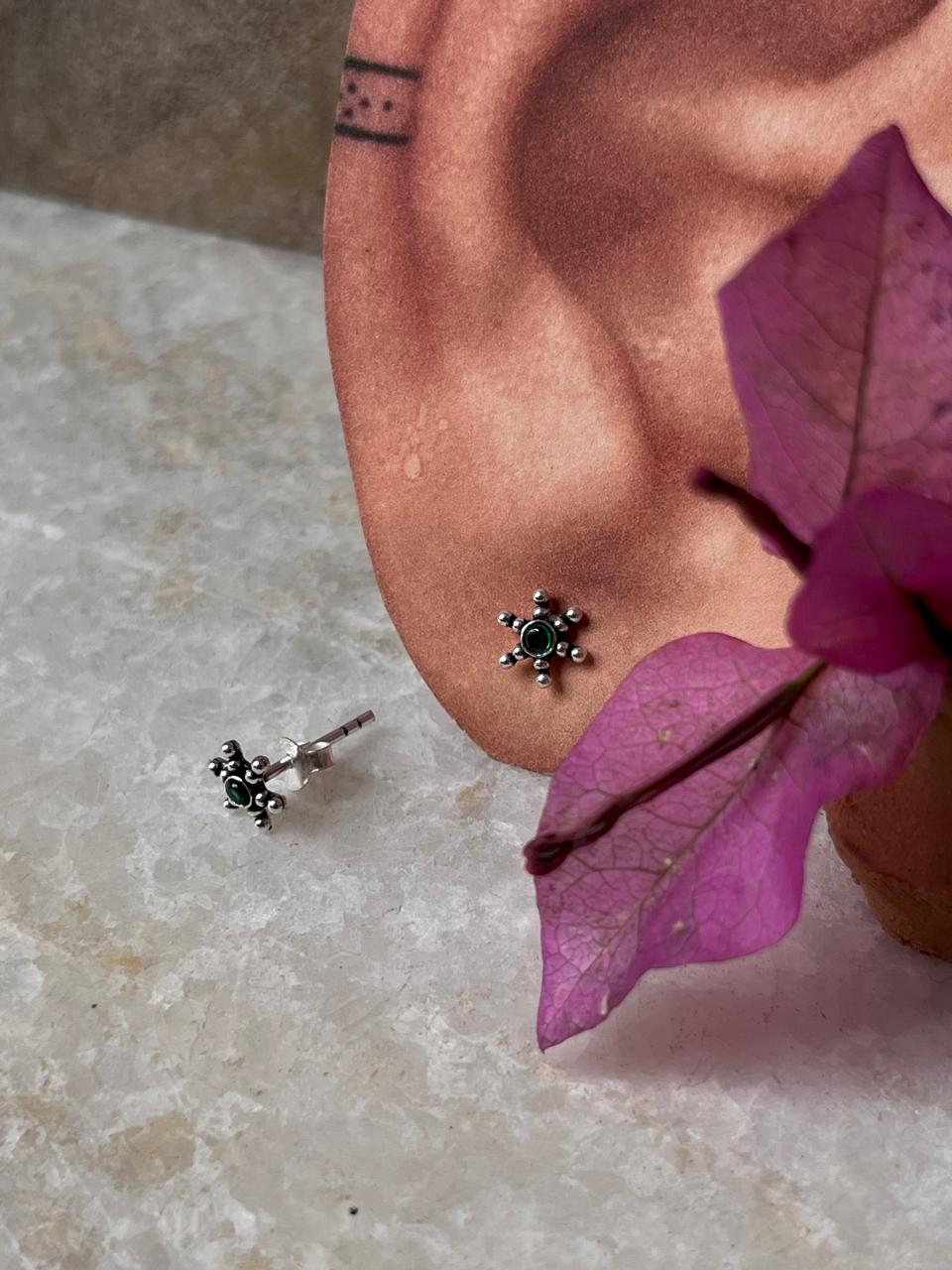 Rawa Flower Green Cz Stone Studs 925 Sterling Silver Earrings