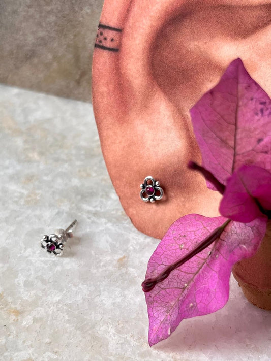 Flower Pink CZ Stone Studs 925 Sterling Silver Earrings  