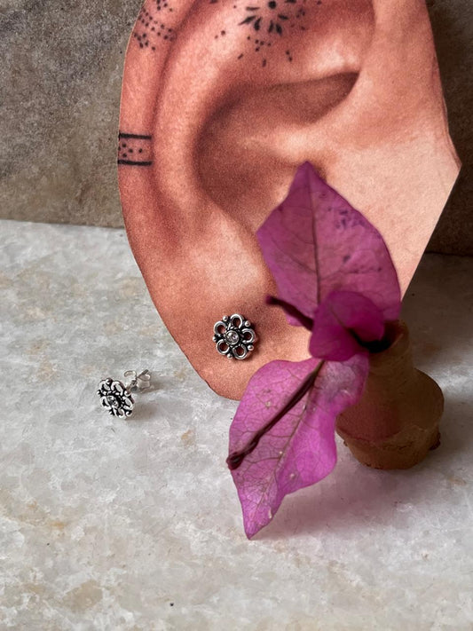 Flower White CZ Stone Studs 925 Sterling Silver Earrings  