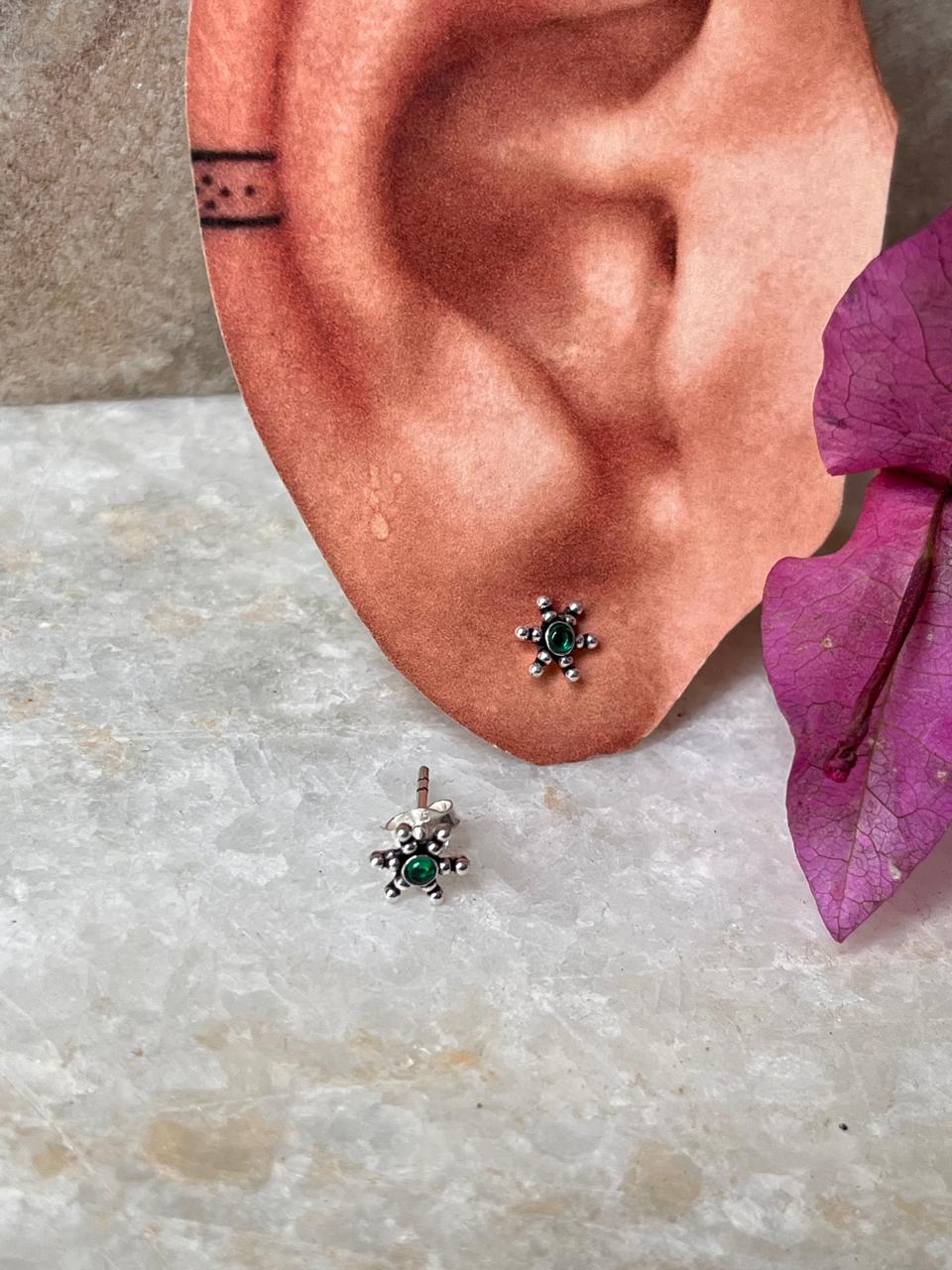 Rawa Flower Green Cz Stone Studs 925 Sterling Silver Earrings