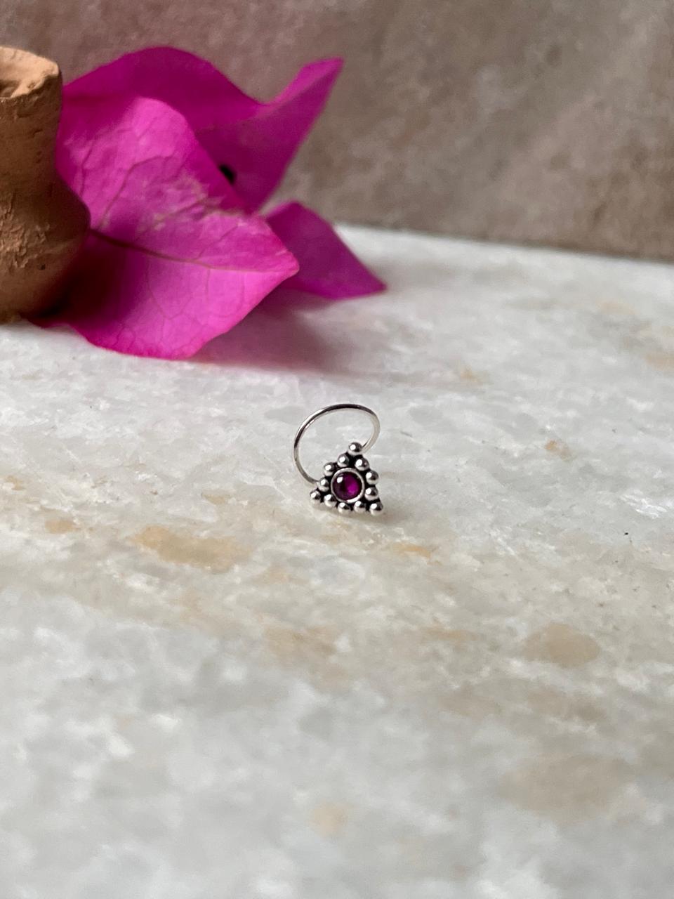 Handcrafted tribal rawa pink CZ nose pin in sterling silver  
