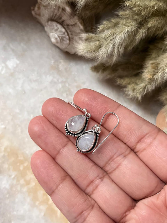 Moonstone pear boho hook earrings 925 sterling silver  