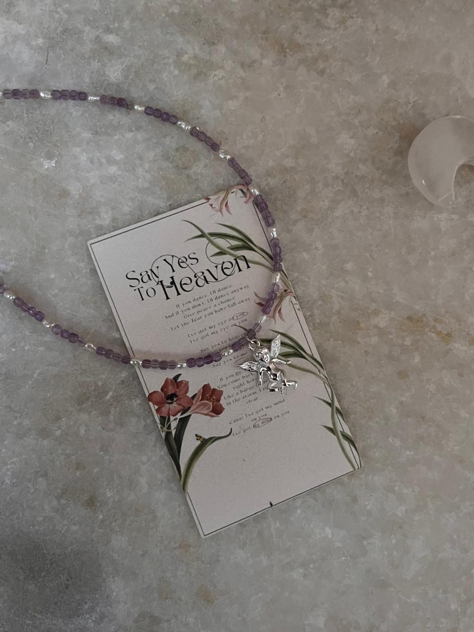 Amethyst & Fresh Water Rice Pearl Natural Crystal With Cherub Angel Charm 925 Sterling Silver Choker Necklace