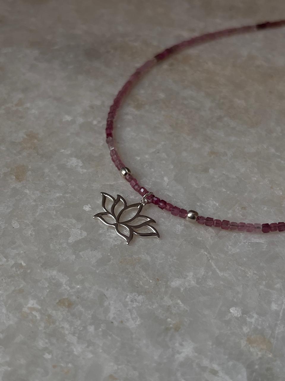 Pink Tourmaline Natural Crystal With Lotus Charm 925 Sterling Silver Choker Necklace