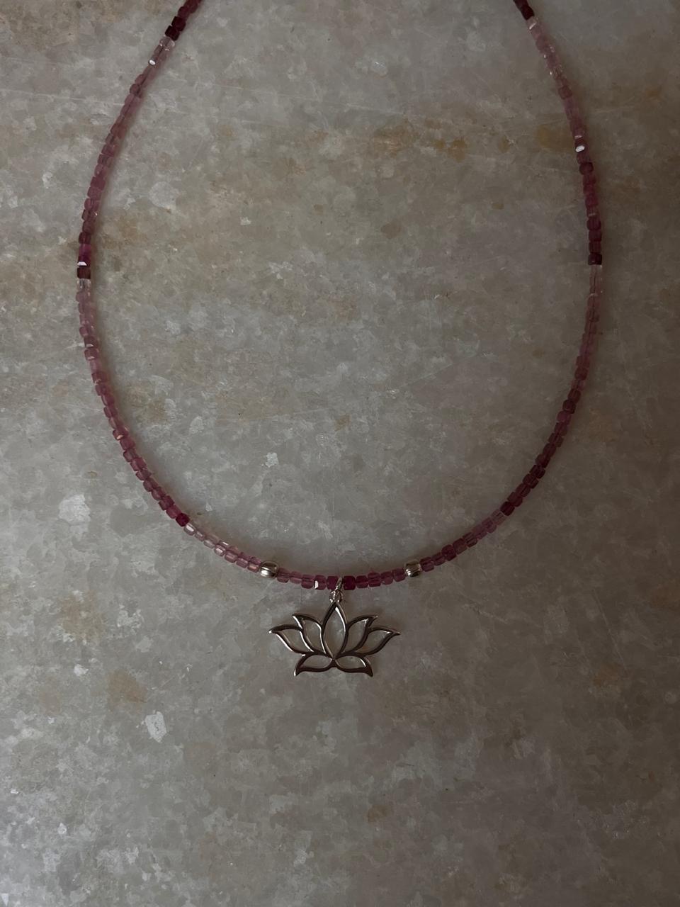 Pink Tourmaline Natural Crystal With Lotus Charm 925 Sterling Silver Choker Necklace