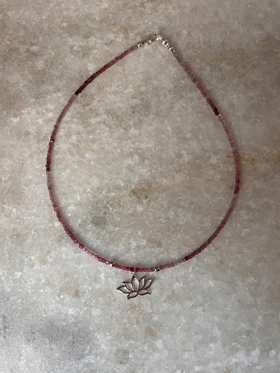 Pink Tourmaline Natural Crystal With Lotus Charm 925 Sterling Silver Choker Necklace