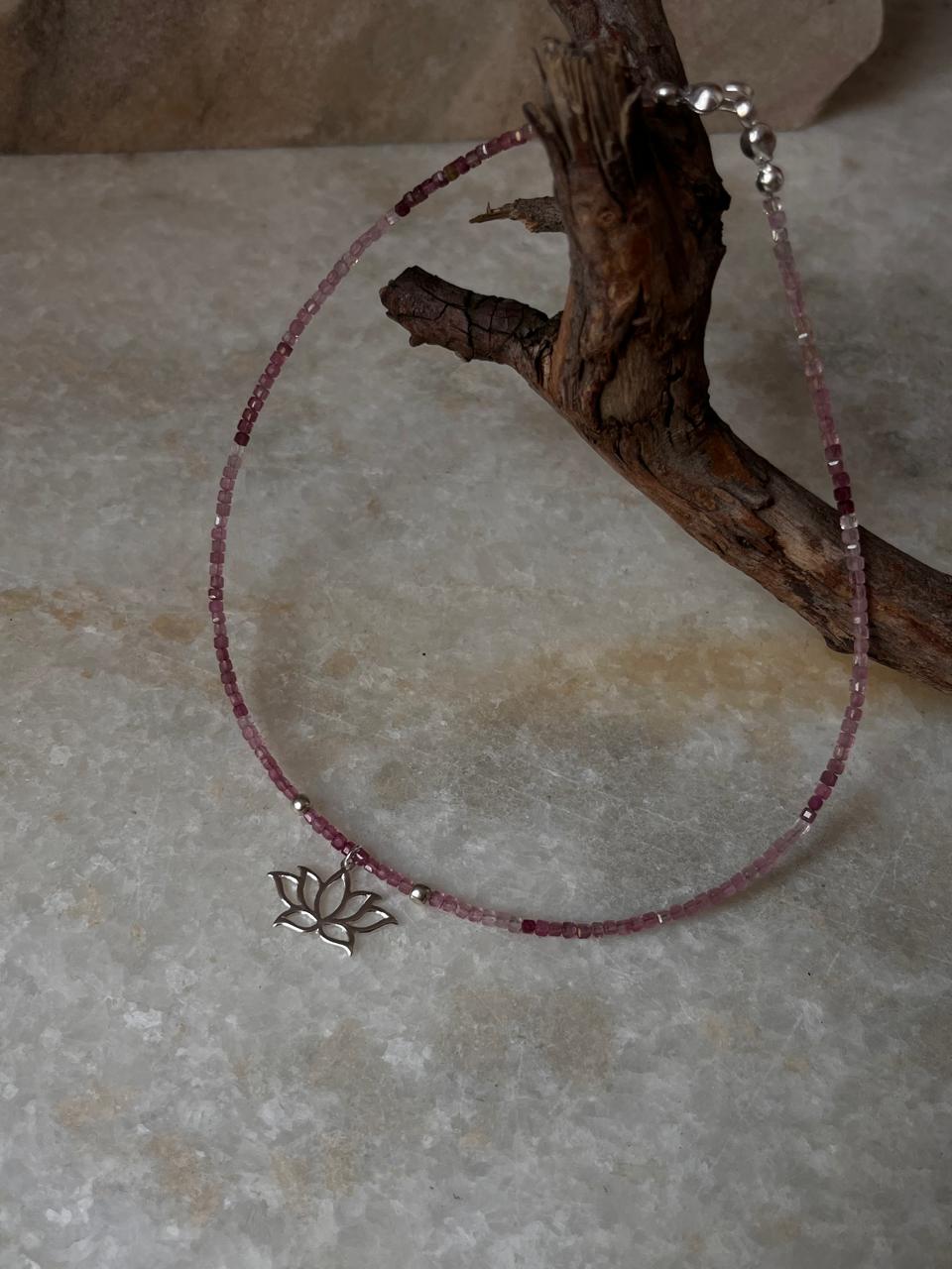 Pink Tourmaline Natural Crystal With Lotus Charm 925 Sterling Silver Choker Necklace