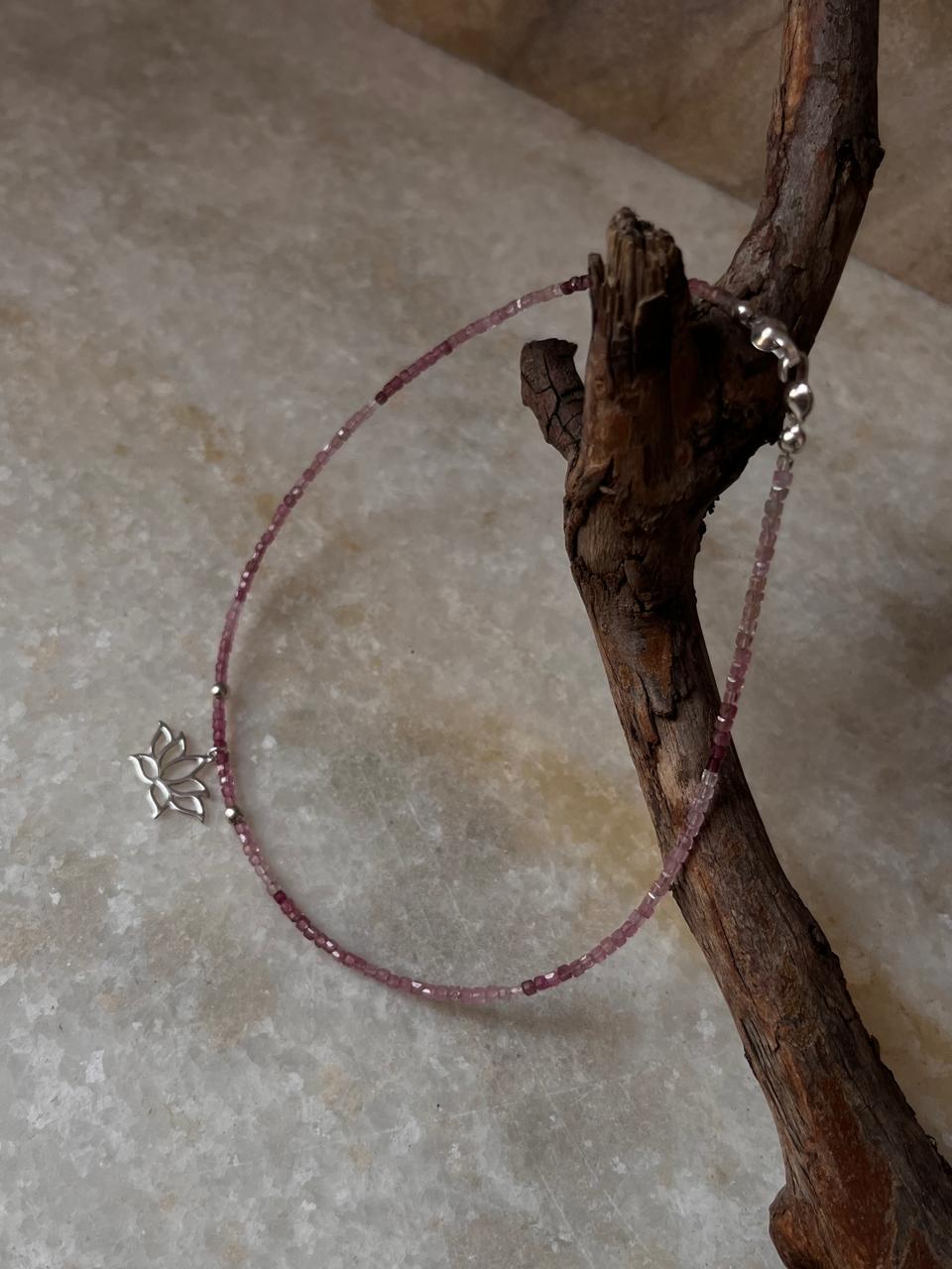 Pink Tourmaline Natural Crystal With Lotus Charm 925 Sterling Silver Choker Necklace