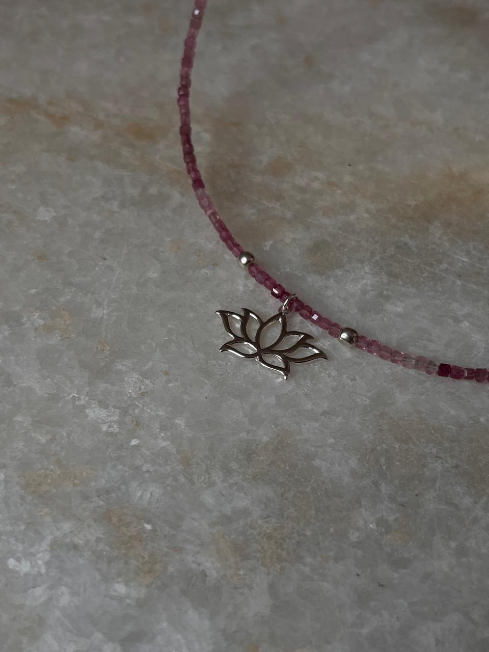 Pink Tourmaline Natural Crystal With Lotus Charm 925 Sterling Silver Choker Necklace