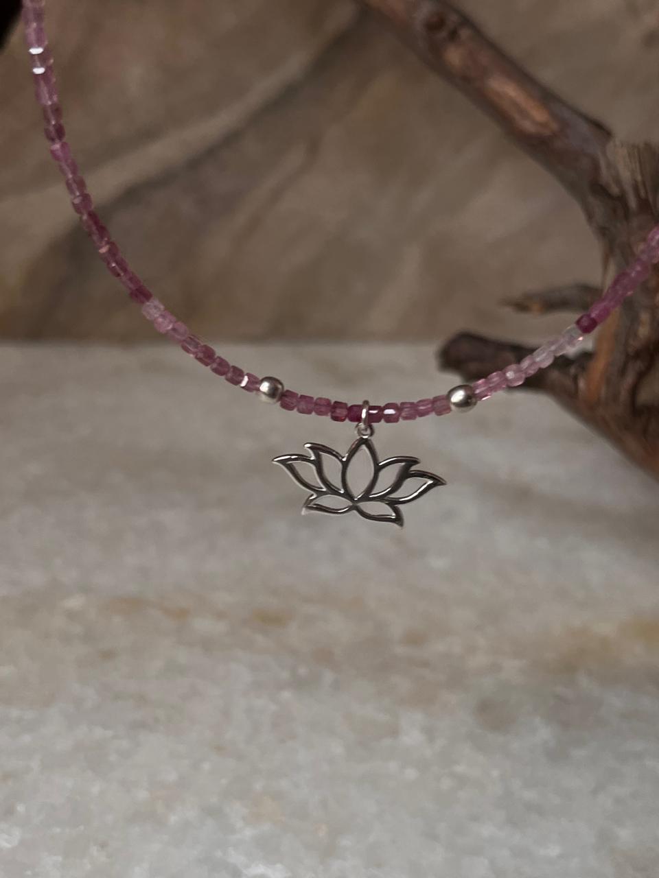 Pink Tourmaline Natural Crystal With Lotus Charm 925 Sterling Silver Choker Necklace