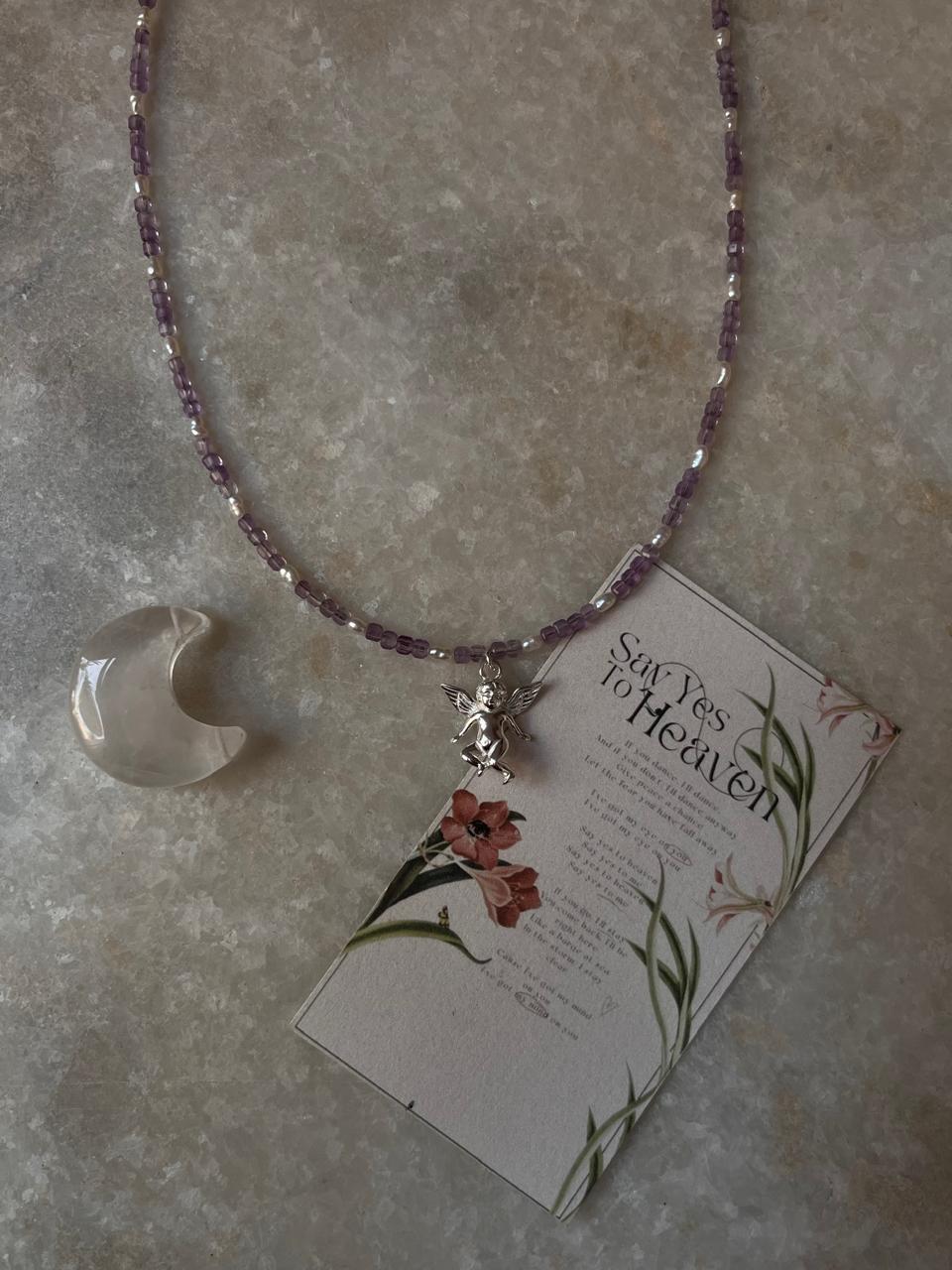 Amethyst & Fresh Water Rice Pearl Natural Crystal With Cherub Angel Charm 925 Sterling Silver Choker Necklace